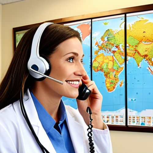 Home 4 **
A friendly medical tourism coordinator, wearing a professional headset, actively listening to a patient on the phone. The background shows a brightly lit office with brochures featuring exotic destinations and medical procedures. A world map is visible on the wall, dotted with pins marking popular medical tourism locations. The overall impression is one of empathy, efficiency, and global reach.
**
