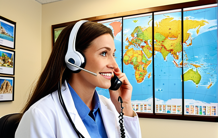 **
A friendly medical tourism coordinator, wearing a professional headset, actively listening to a patient on the phone. The background shows a brightly lit office with brochures featuring exotic destinations and medical procedures. A world map is visible on the wall, dotted with pins marking popular medical tourism locations. The overall impression is one of empathy, efficiency, and global reach.
**